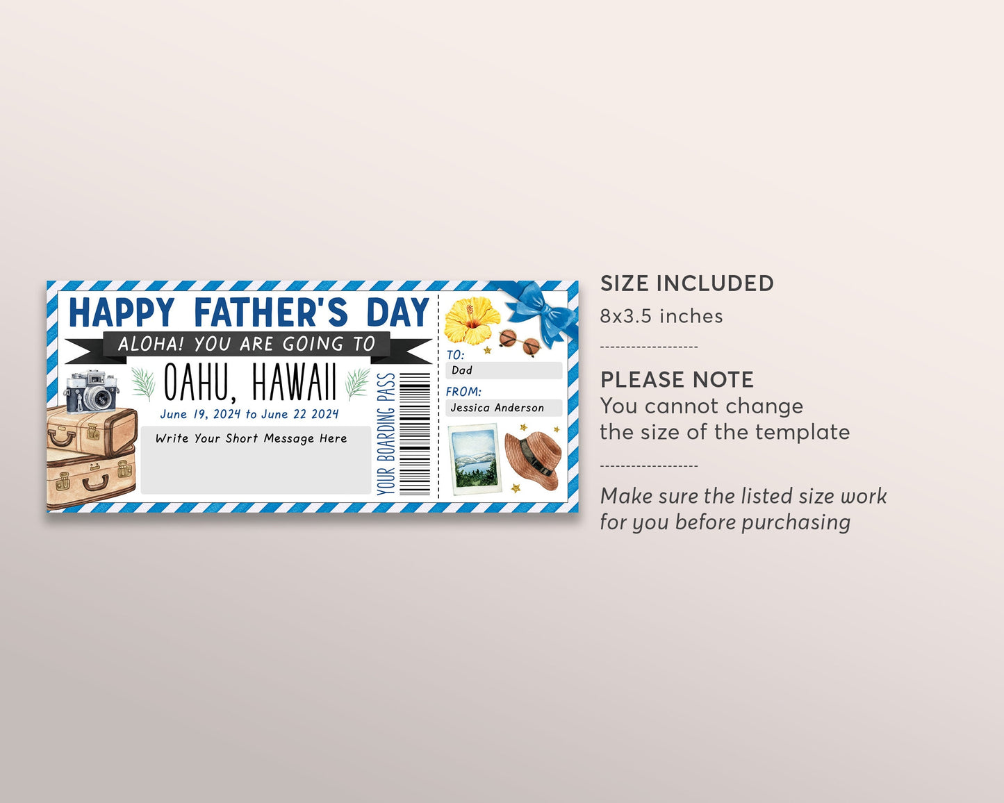 Fathers Day Hawaii Plane Ticket Boarding Pass Editable Template, Surprise Trip to Hawaii For Dad, Tropical Beach Vacation Getaway Reveal