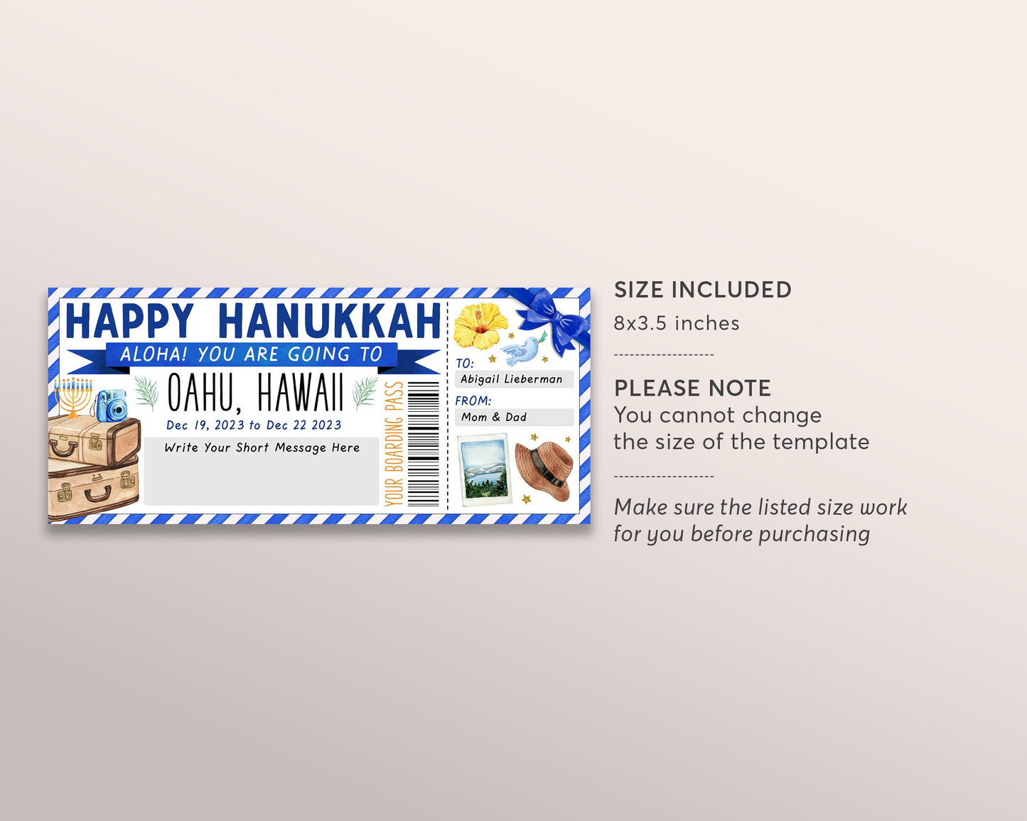Happy Hanukkah Hawaii Plane Ticket Boarding Pass Editable Template, Surprise Chanukah Trip to Hawaii, Tropical Beach Vacation Getaway Reveal