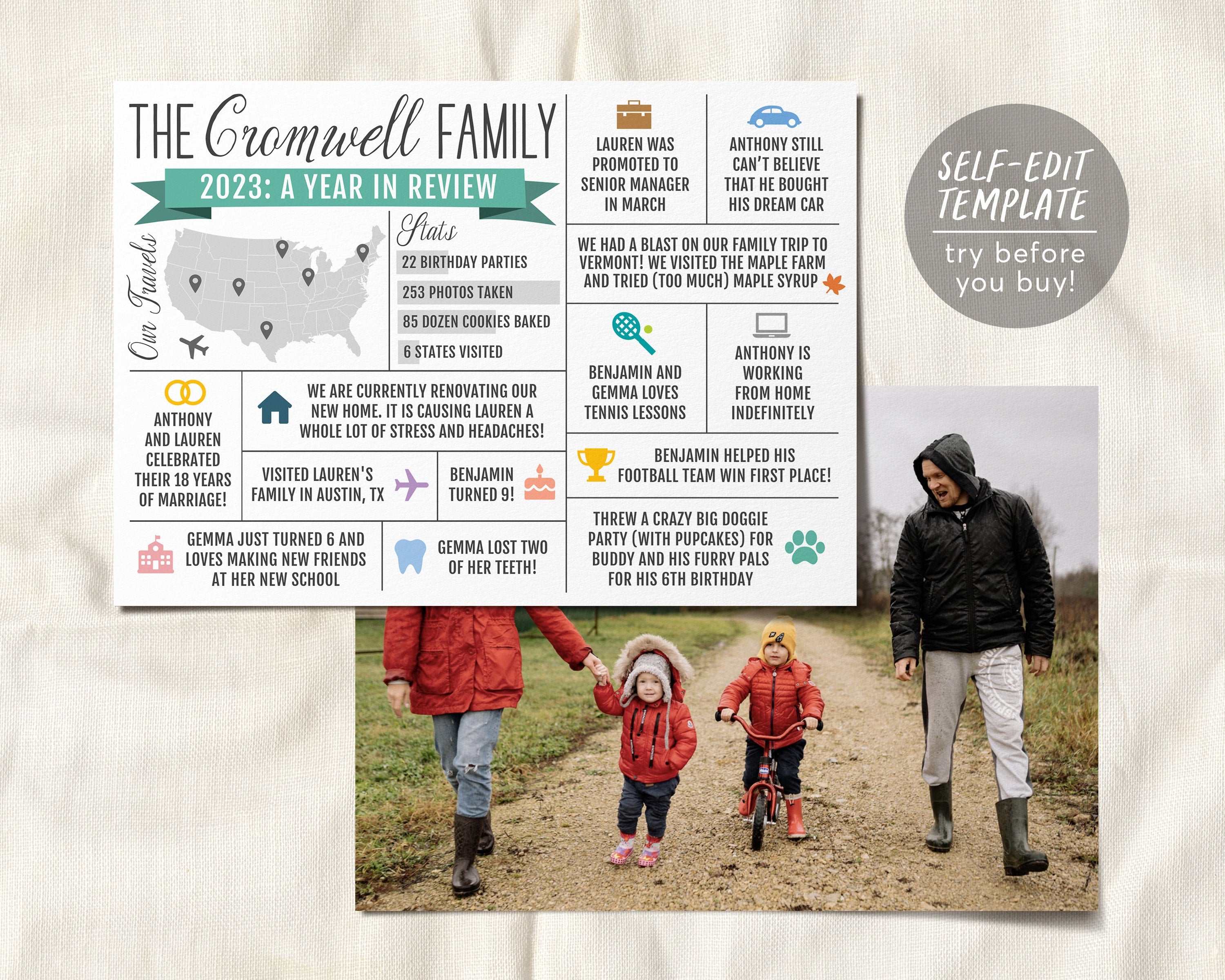 Year In Review Infographic Christmas Card Editable Template, Modern Ne ...