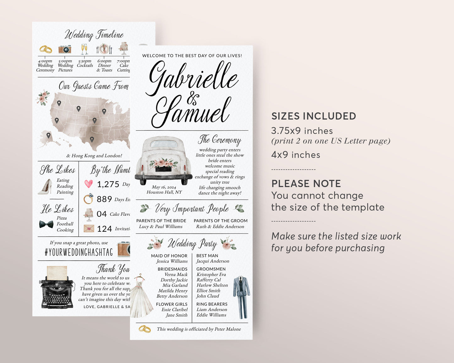 Infographic Wedding Program Editable Template, Watercolor Wedding Day Timeline Card Reception Program, Unique Order Of Events Ceremony DIY