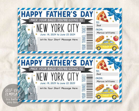 Fathers Day New York City Trip Ticket Editable Template
