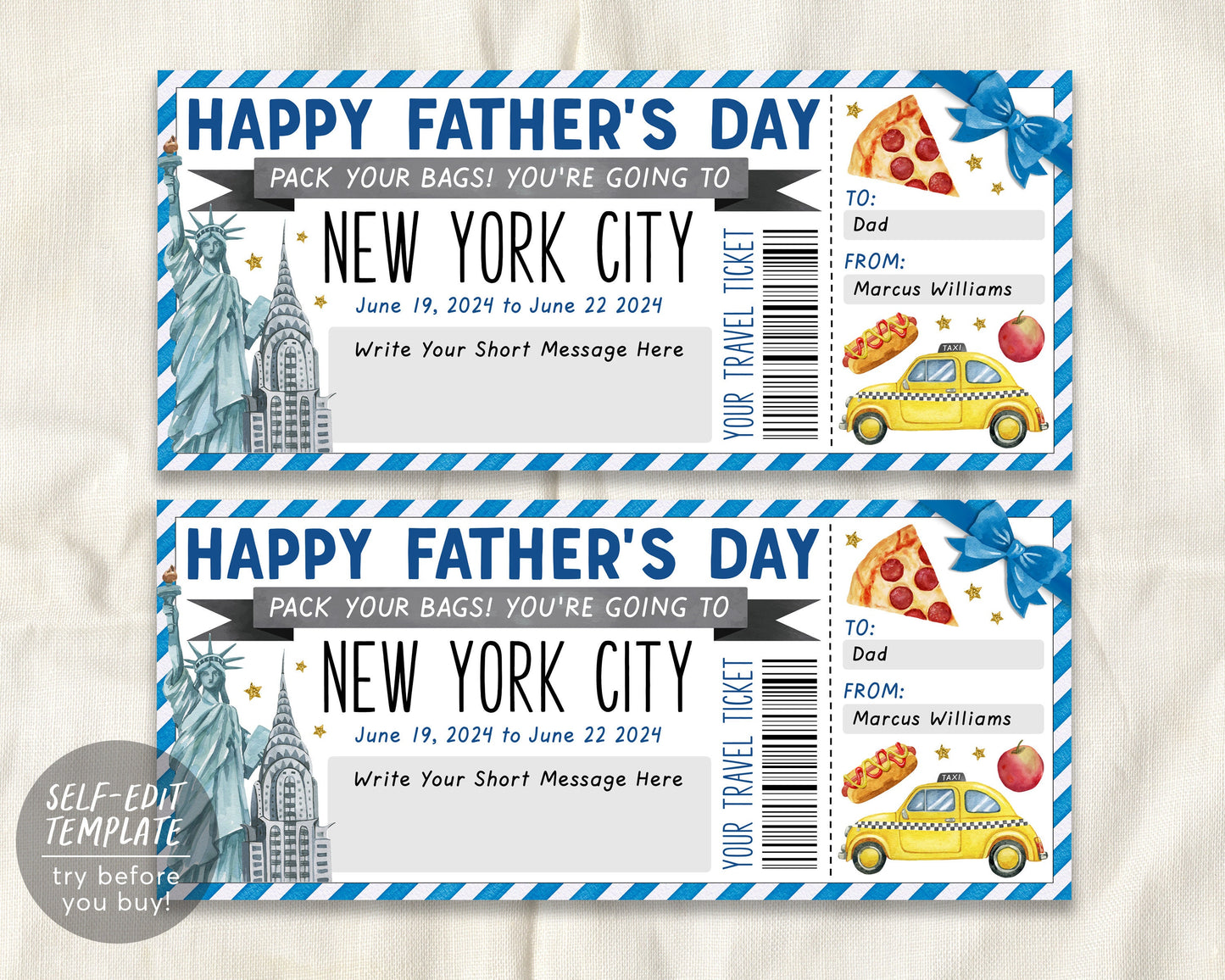 Fathers Day New York City Trip Ticket Editable Template