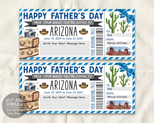 Fathers Day Arizona Trip Ticket Boarding Pass Editable Template