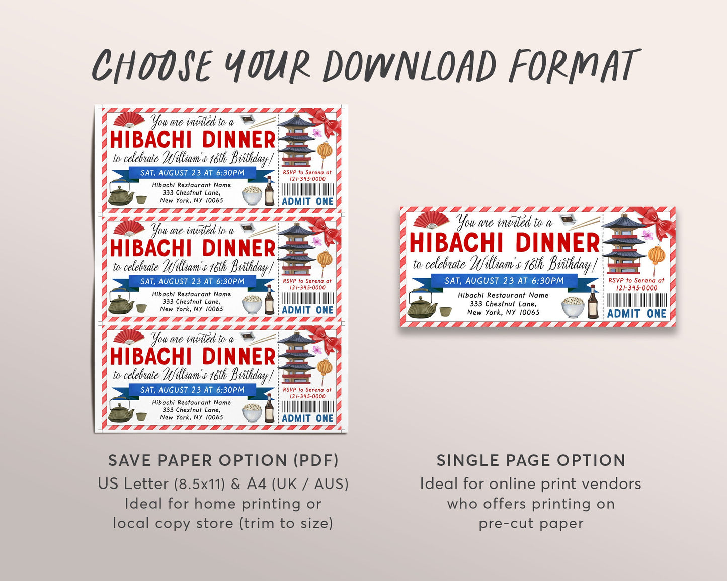 Hibachi Dinner Party Invitation Ticket Editable Template, Birthday Japanese BBQ Restaurant Dinner Invite For Kids And Adults Voucher DIY