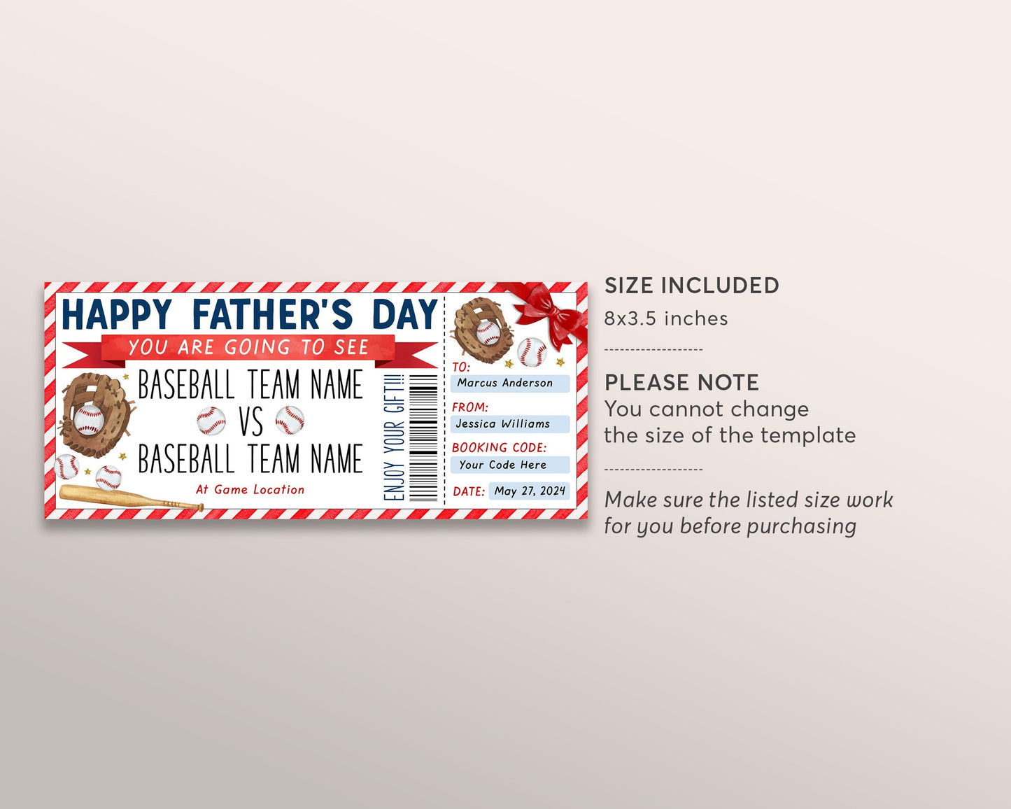 Father's Day Baseball Game Gift Ticket Editable Template, Surprise Sports Game Ticket For Dad Baseball Lover Voucher Gift Certificate Coupon