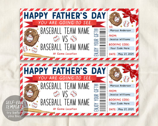Father&#39;s Day Baseball Game Gift Ticket Editable Template