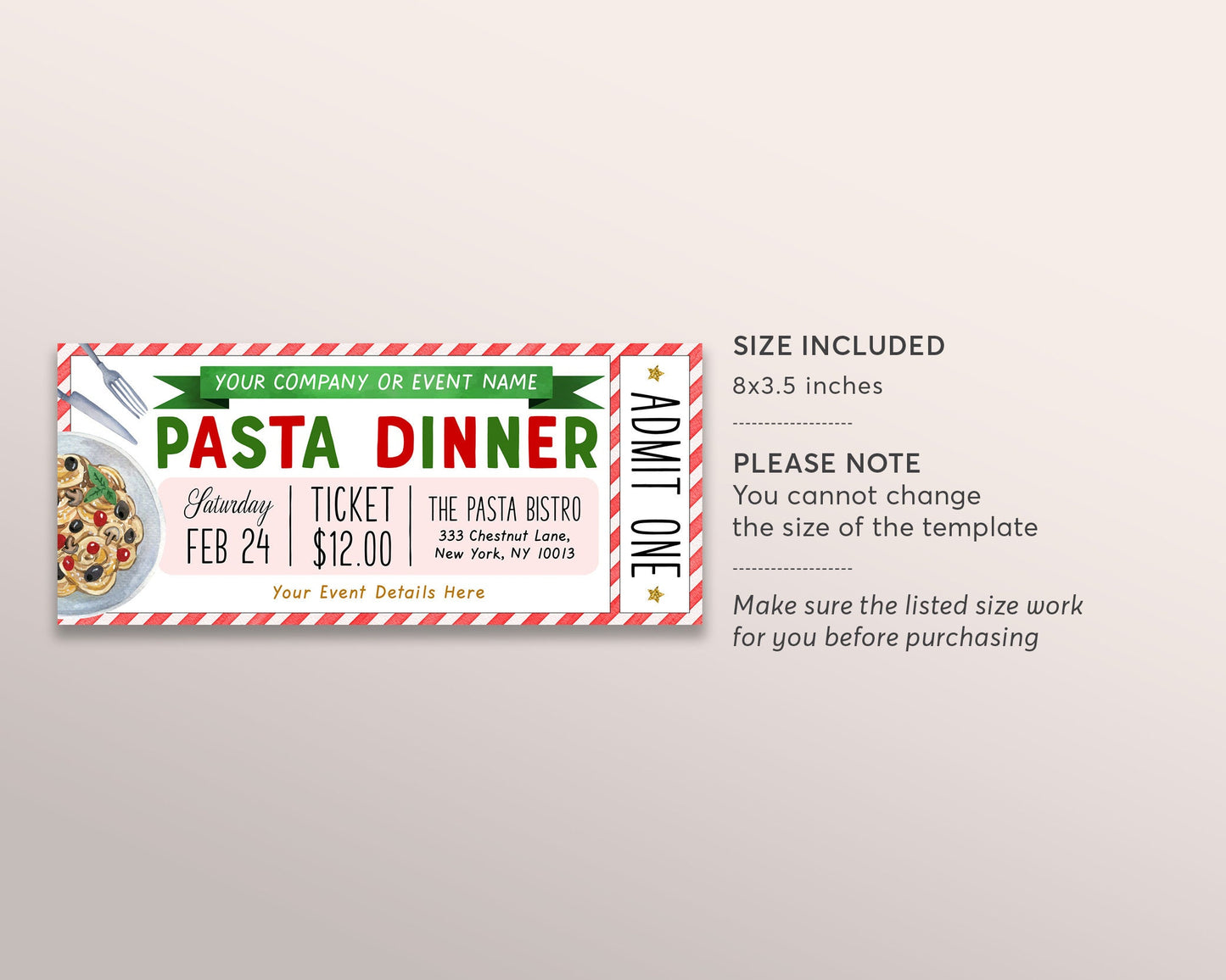 Pasta Dinner Event Ticket Editable Template, Spaghetti Dinner Coupon, Italian Pasta Dinner, PTO PTA School Fundraiser Event Church Charity
