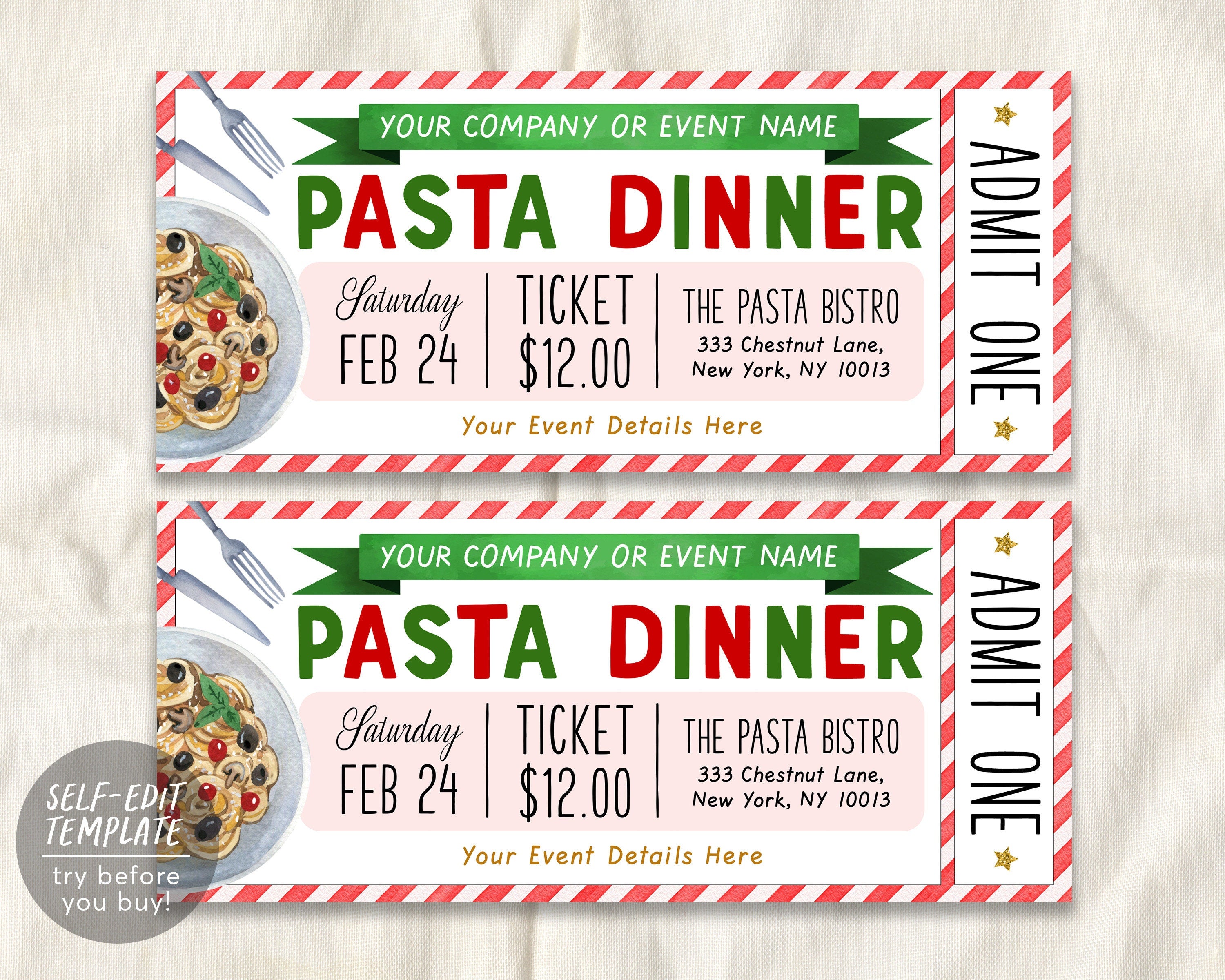 Pasta Dinner Event Ticket Editable Template, Spaghetti Dinner Coupon
