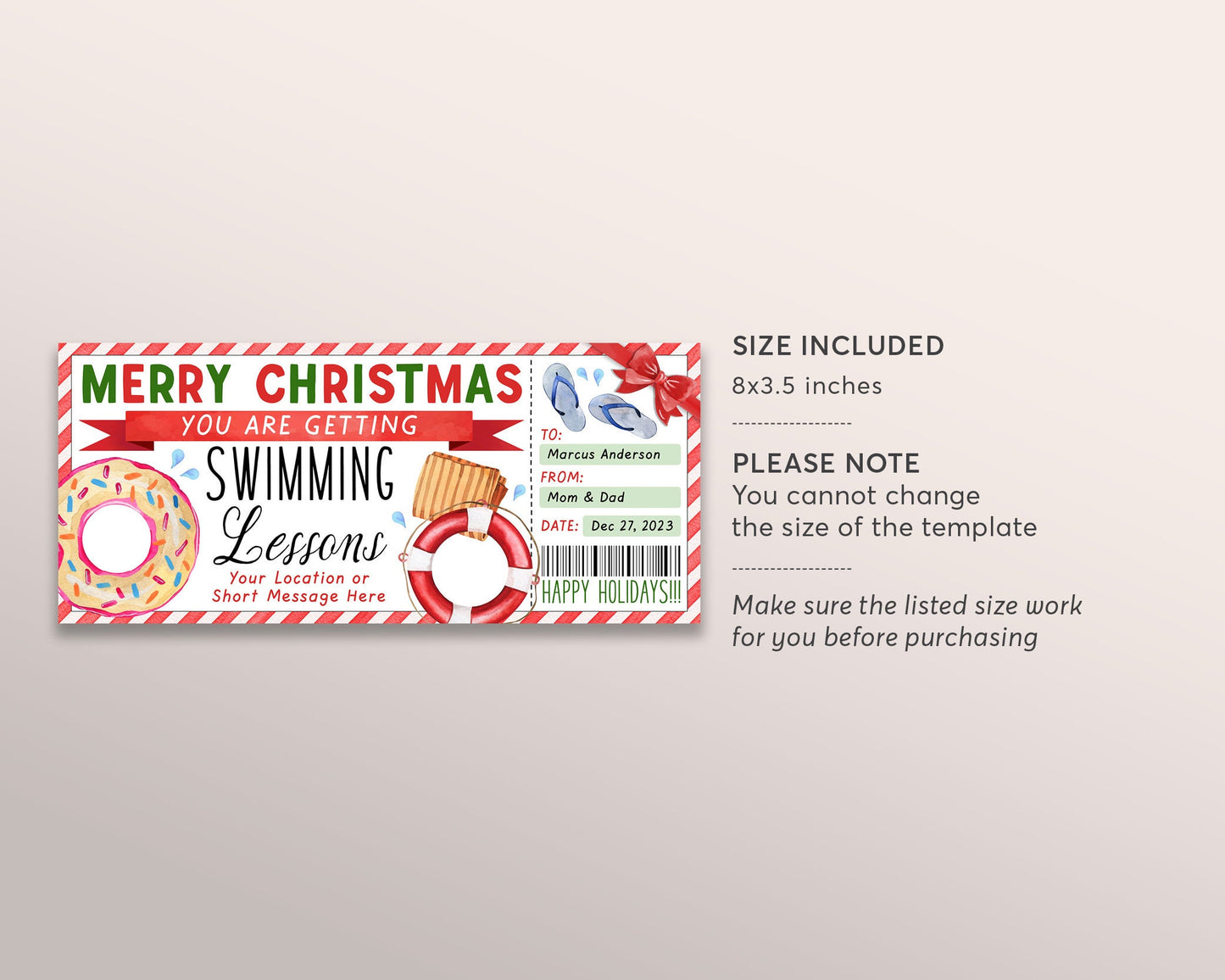 Christmas Swim Lessons Gift Certificate Ticket Editable Template, Surprise Swim Classes Experience Reveal, Learn to Swim Gift Voucher Coupon