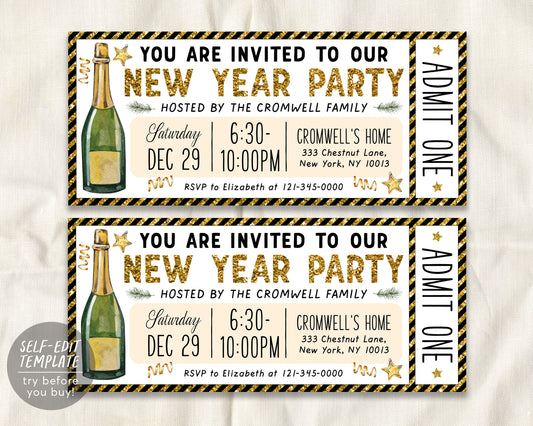 New Years Eve Party Invitation Ticket Entry Editable Template