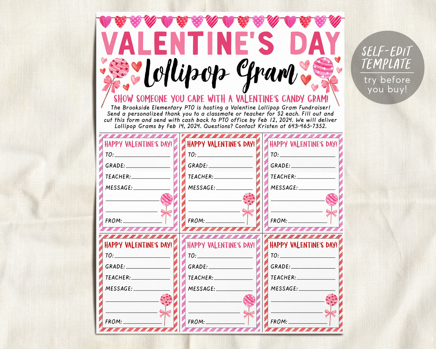 Valentine's Day Lollipop Gram Editable Template