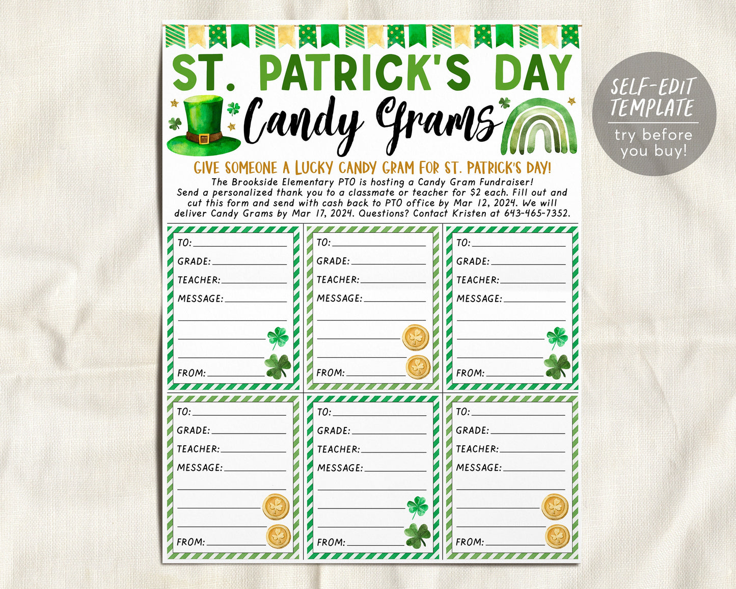 St. Patrick's Day Candy Gram Flyer Editable Template