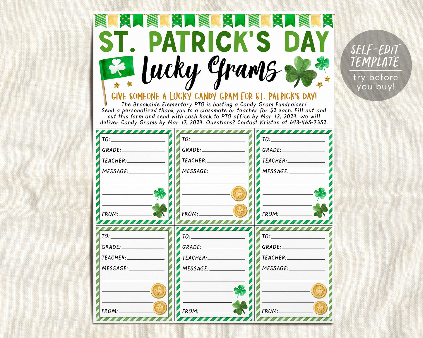 St. Patrick's Day Lucky Gram Flyer Editable Template, Saint Patrick's Day Candy Grams Fundraiser Event, Lucky Gram PTA PTO School Nonprofit