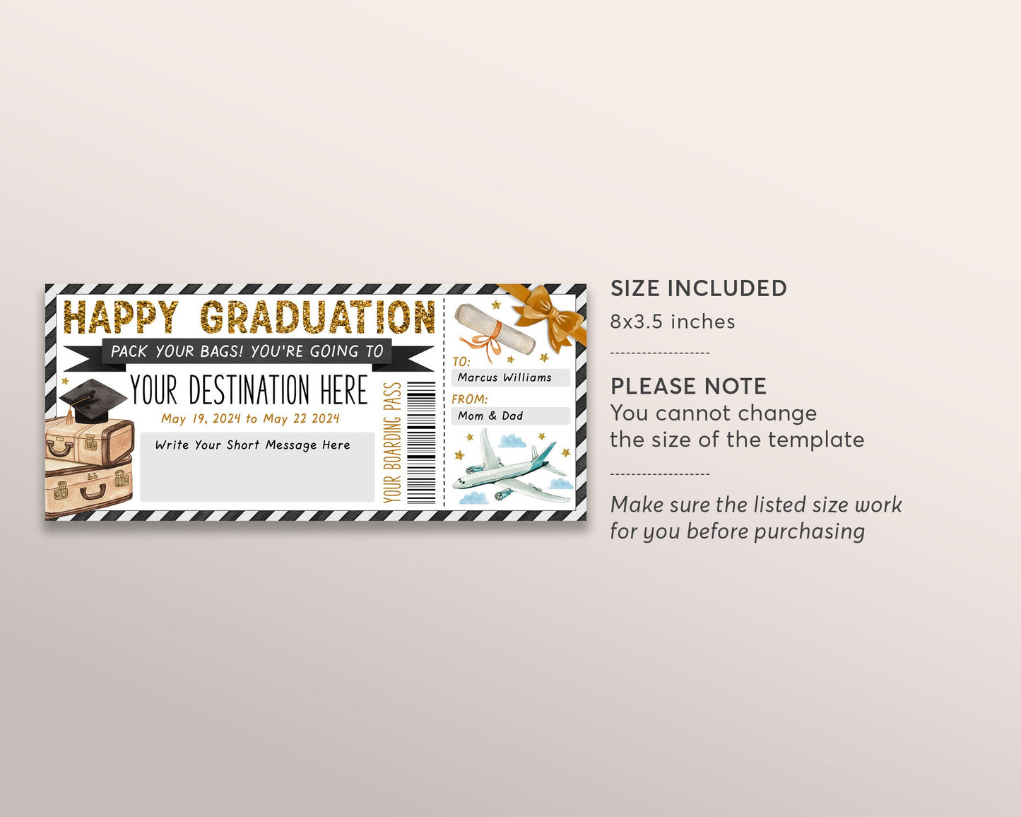 Graduation Boarding Pass Editable Template, Surprise Graduation Trip Plane Ticket Reveal, Vacation Travel Holiday Trip Flight Destination