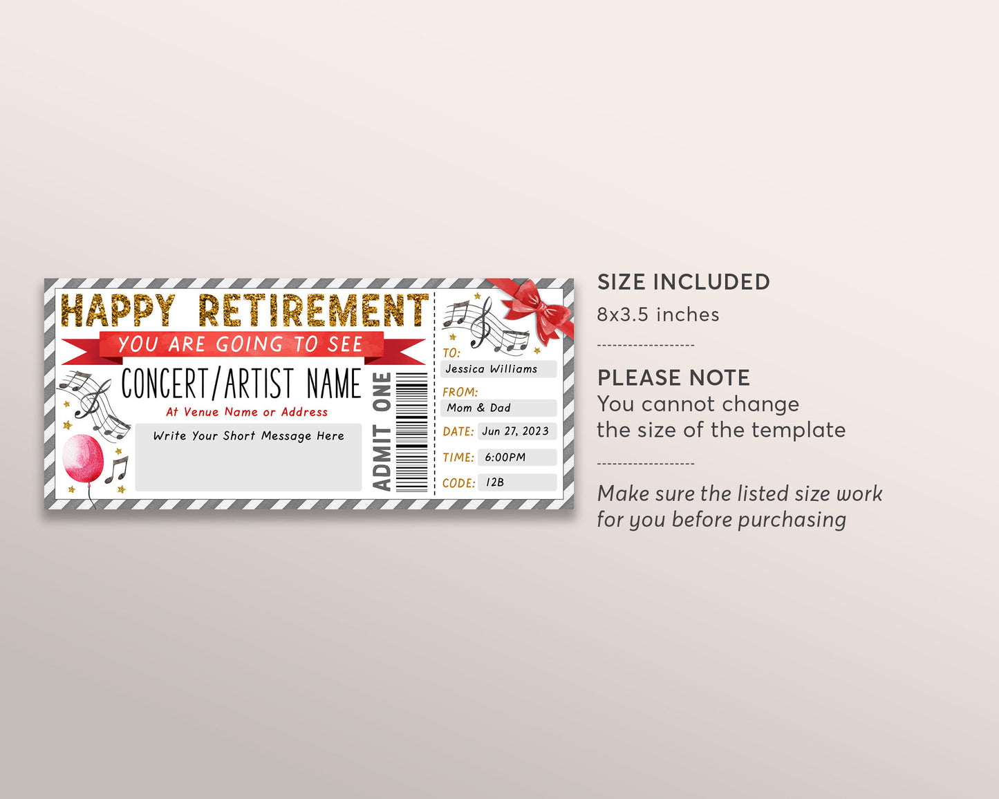 Retirement Concert Gift Voucher Ticket Editable Template, Surprise Gift Certificate Music Show Theatre Artist Band Experience Reveal DIY