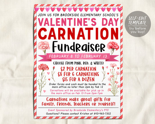Valentine&#39;s Day Carnation Flower Fundraiser Flyer Editable Template
