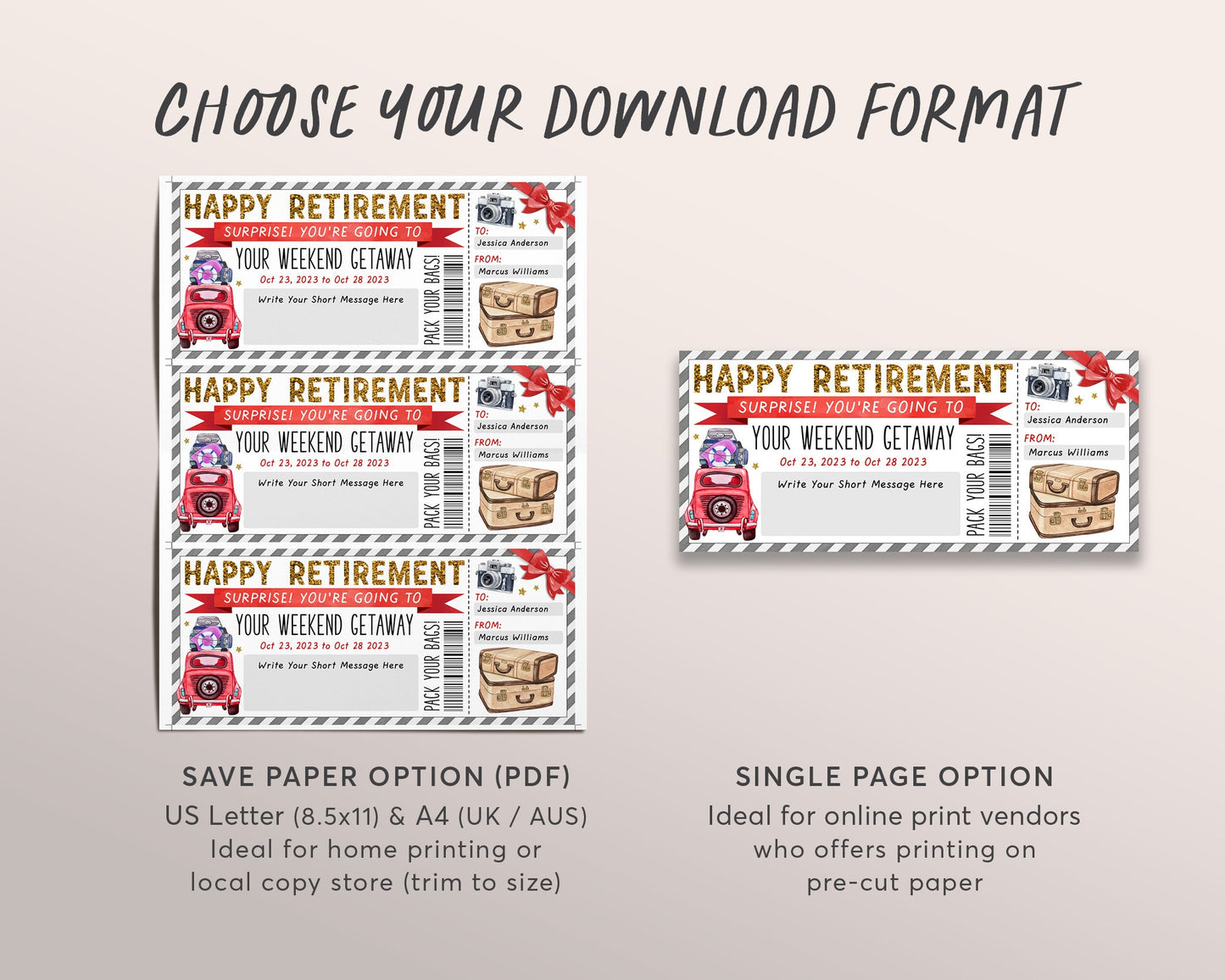 Retirement Weekend Getaway Voucher Editable Template, Surprise Vacation Travel Ticket Gift Certificate For Retiree, Holiday Trip Staycation