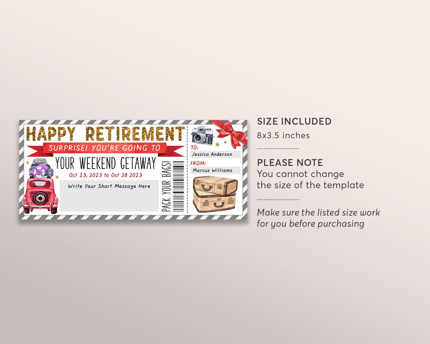 Retirement Weekend Getaway Voucher Editable Template, Surprise Vacation Travel Ticket Gift Certificate For Retiree, Holiday Trip Staycation