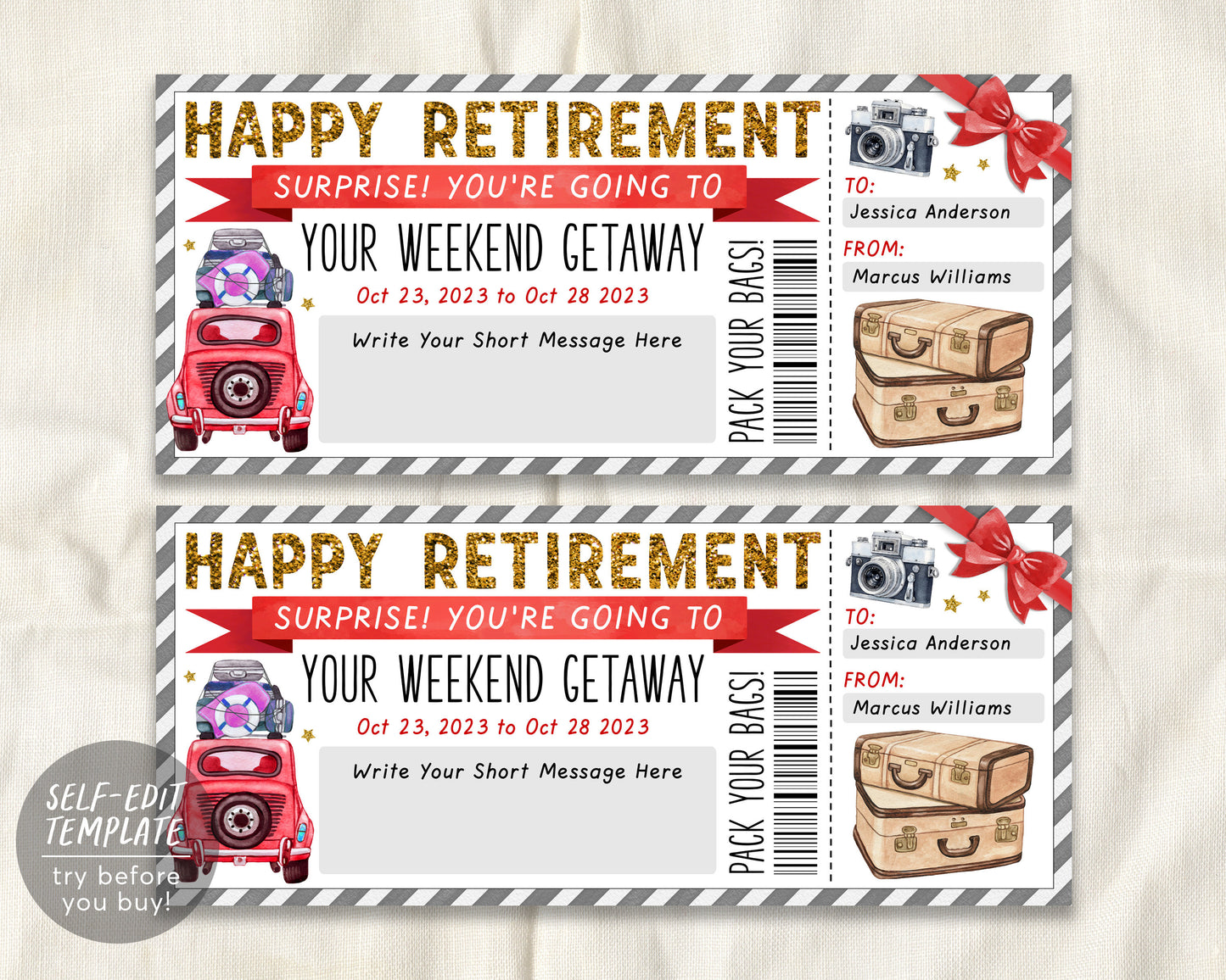 Retirement Weekend Getaway Voucher Editable Template