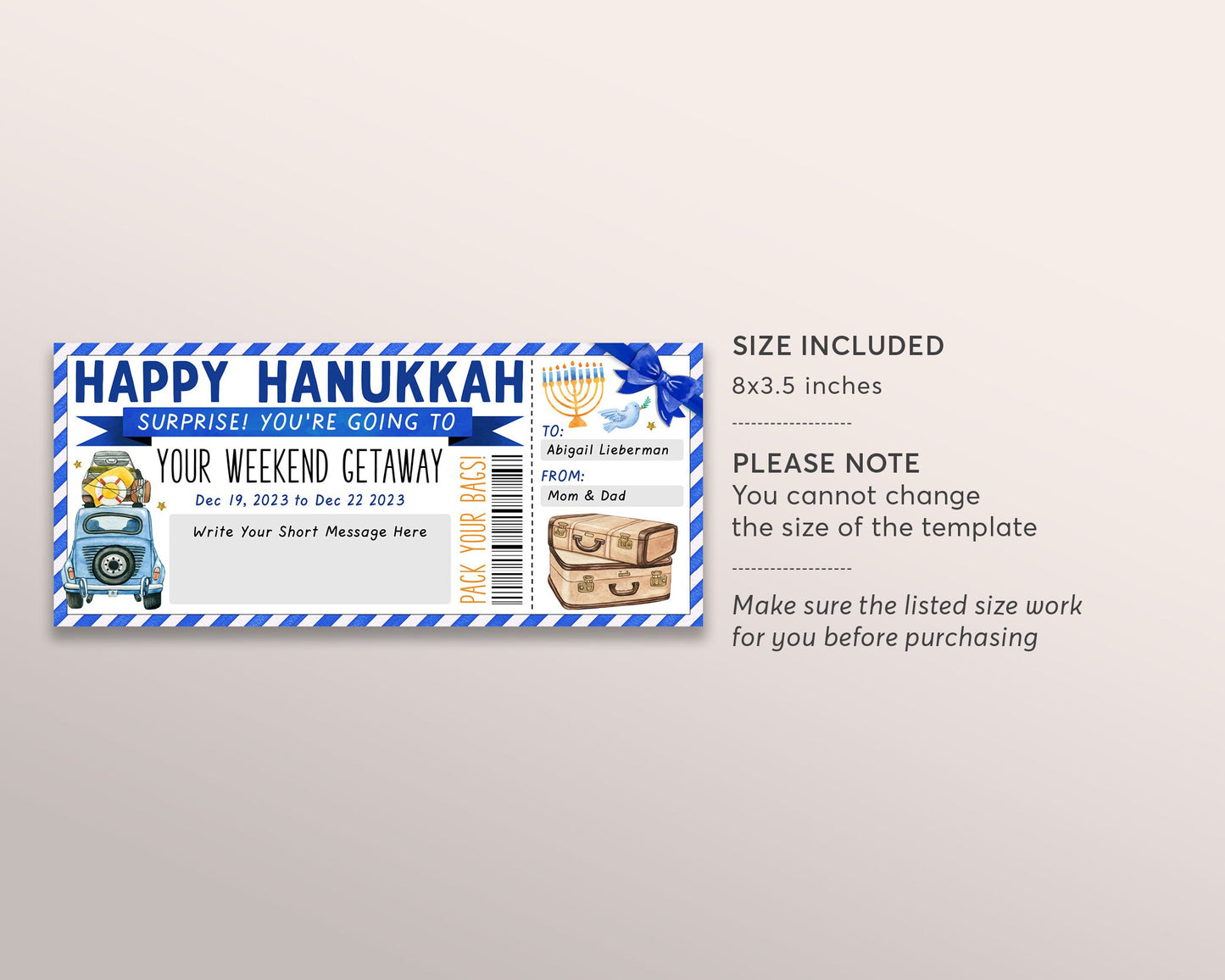 Happy Hanukkah Weekend Getaway Voucher Editable Template, Surprise Chanukah Vacation Travel Ticket Gift Certificate Road Trip Staycation
