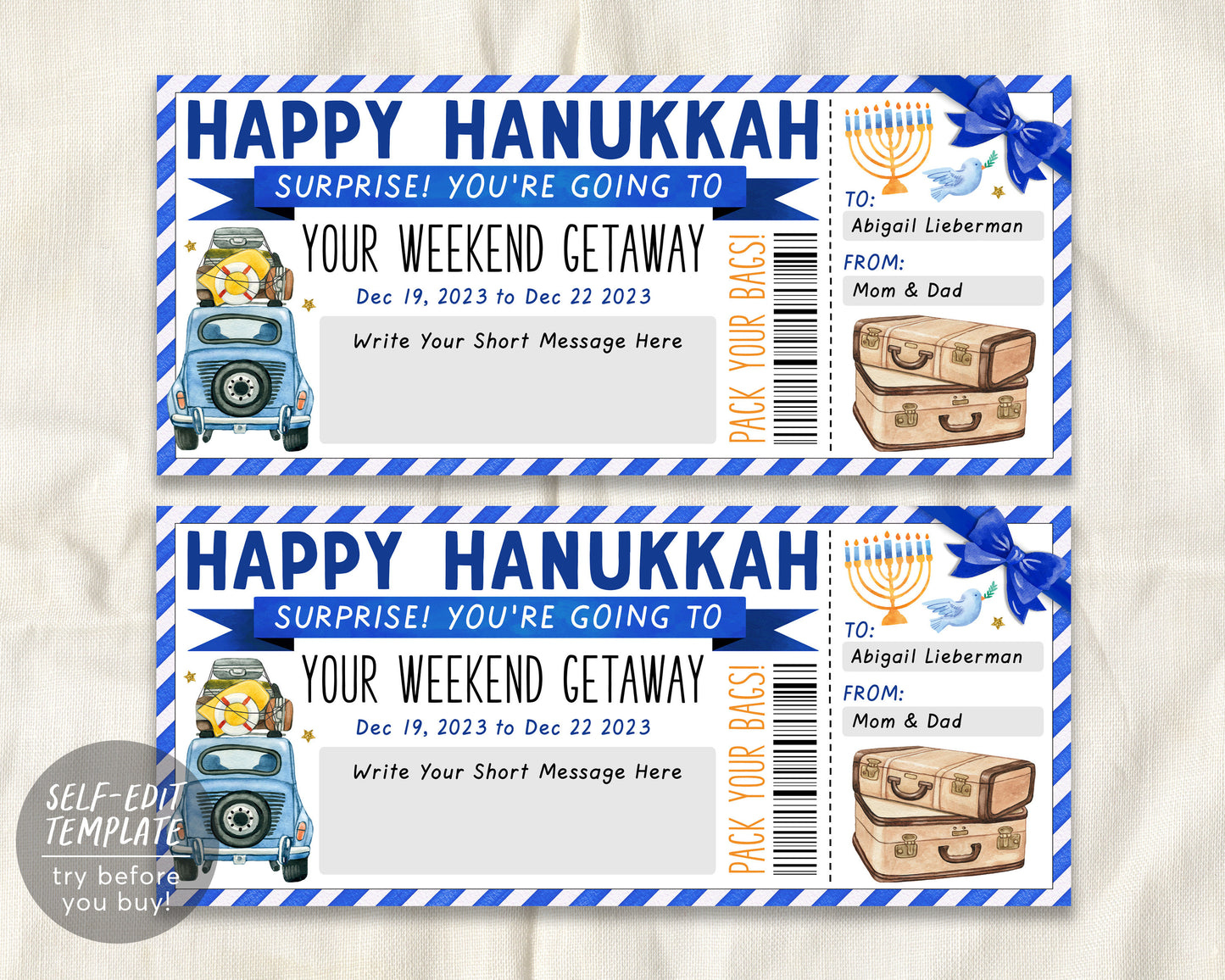 Happy Hanukkah Weekend Getaway Voucher Editable Template