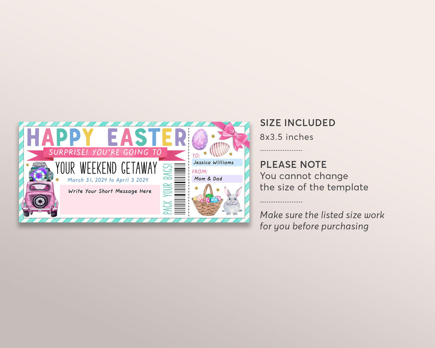 Easter Weekend Getaway Voucher Editable Template, Surprise Easter Vacation Travel Ticket Gift Certificate For Kids Road Trip Staycation
