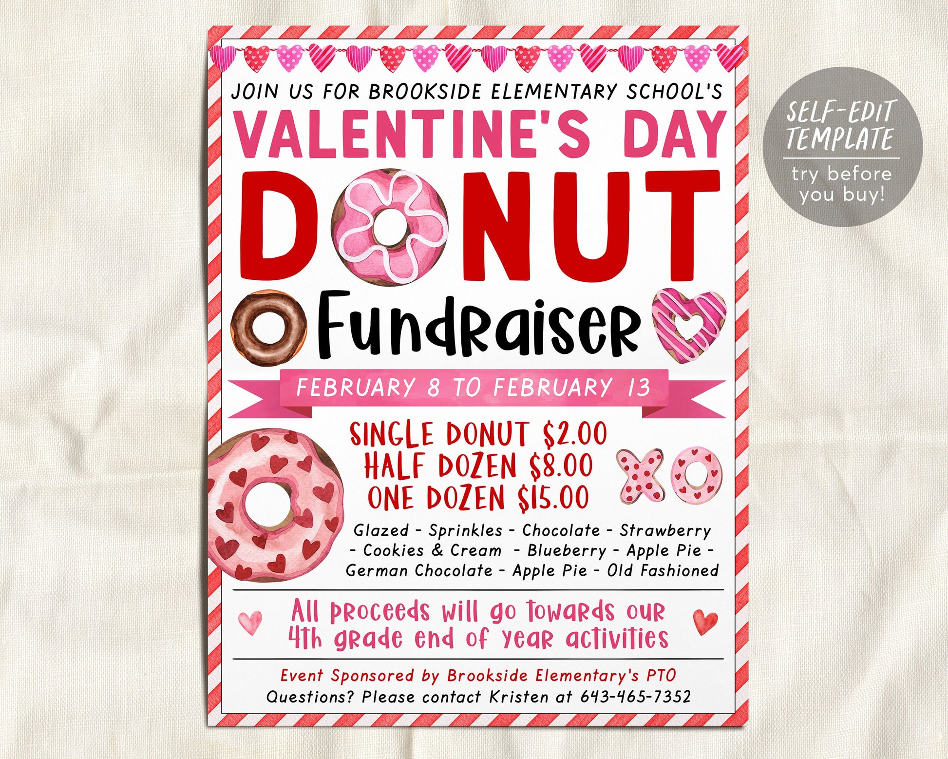 Valentine's Day Donut Fundraiser Flyer Editable Template
