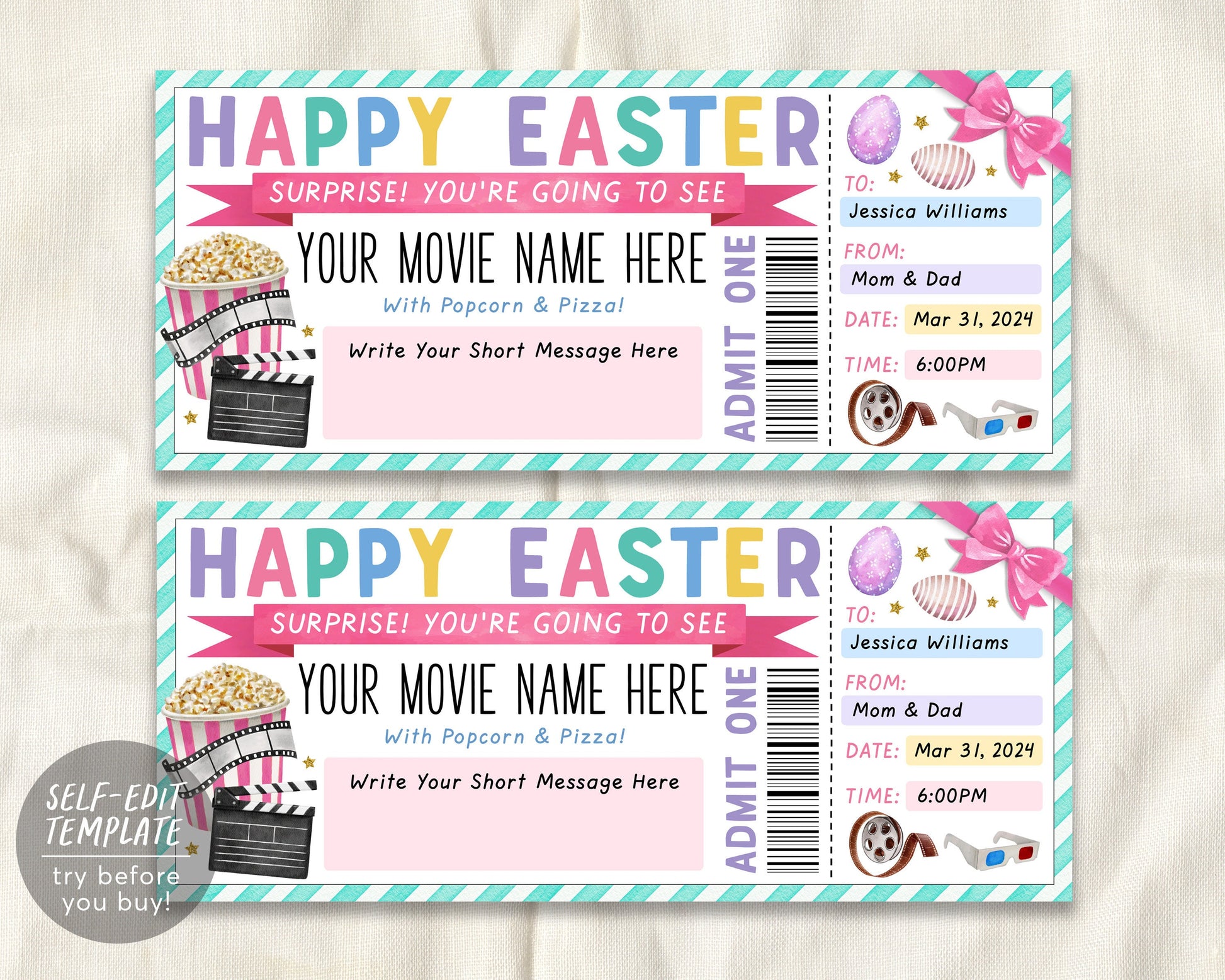 Easter Movie Ticket Invitation Editable Template