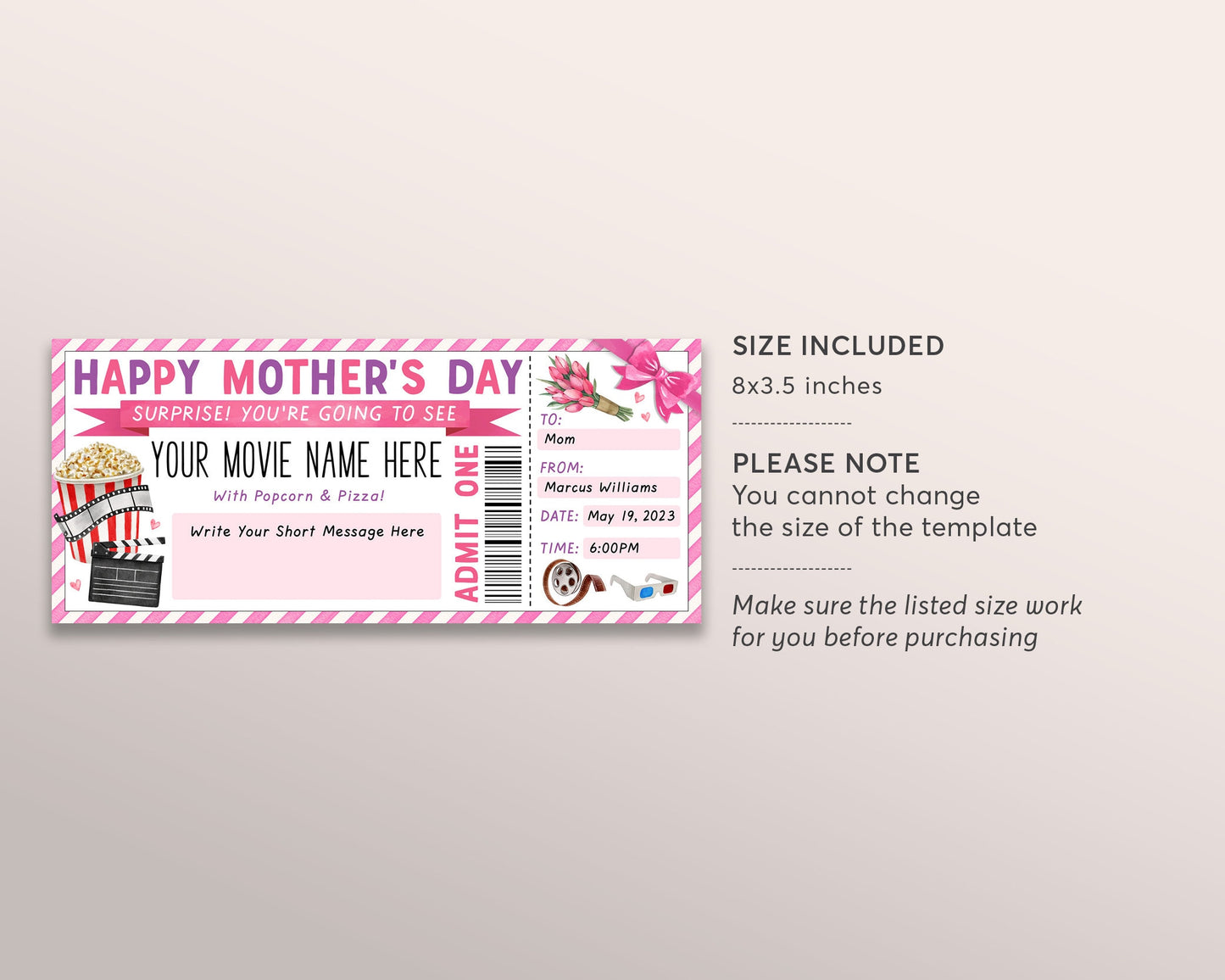 Mothers Day Movie Ticket Invitation Editable Template, Family Movie Night Gift Voucher Invite Reveal For Mom Cinema Theatre Coupon Printable