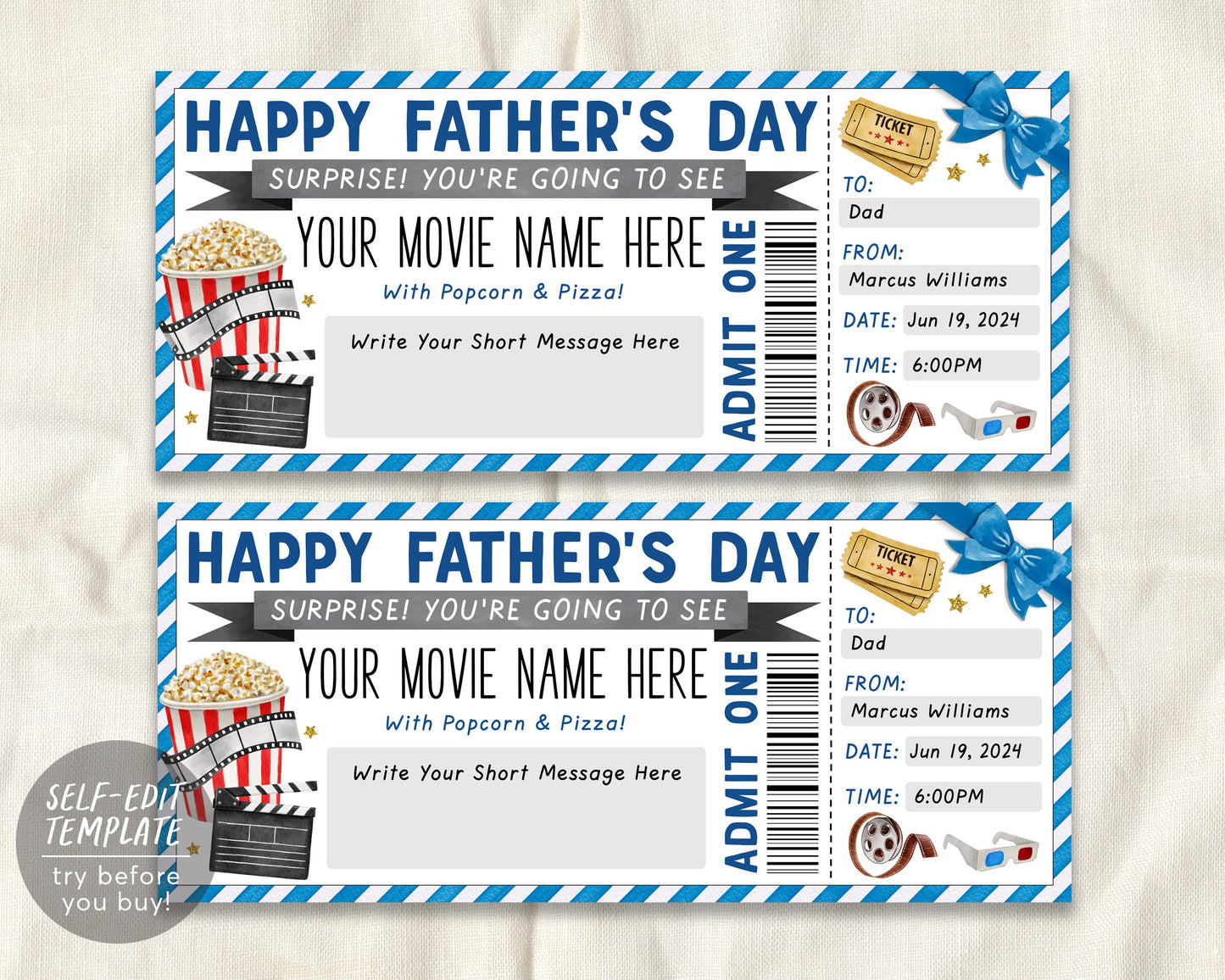 Fathers Day Movie Ticket Invitation Editable Template
