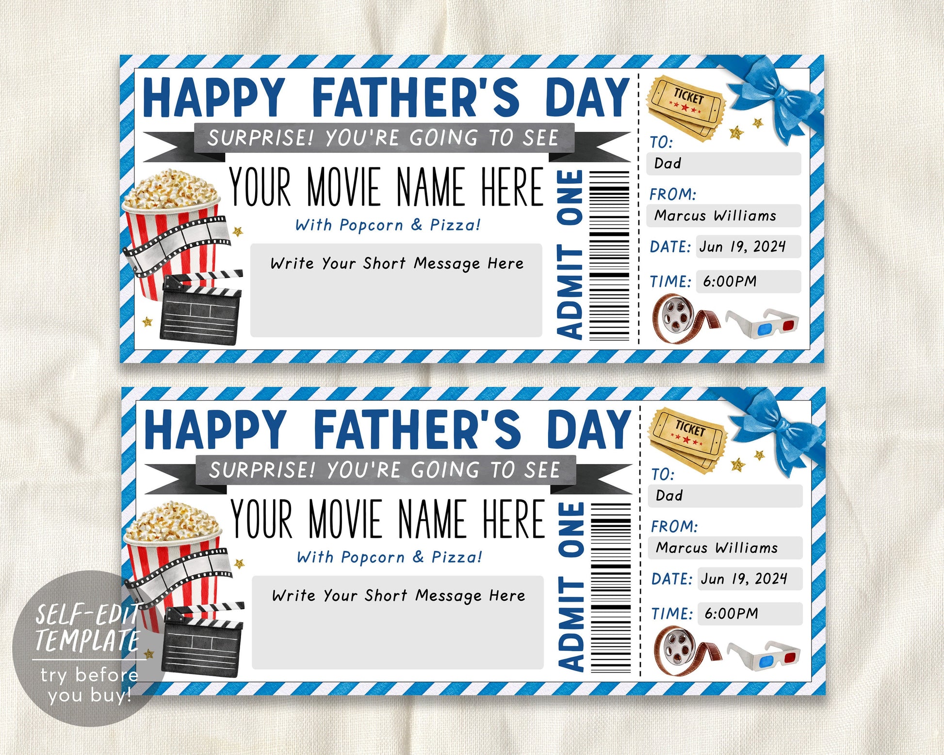 Fathers Day Movie Ticket Invitation Editable Template
