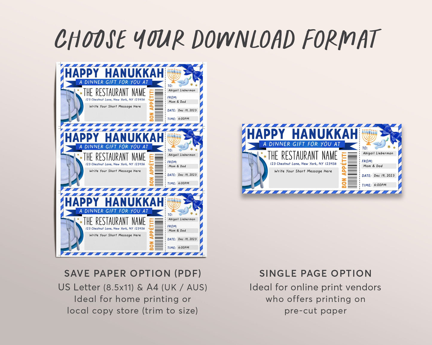 Happy Hanukkah Restaurant Gift Voucher Editable Template, Surprise Chanukah Dinner Date Gift Certificate Printable, Dining Night Out Coupon