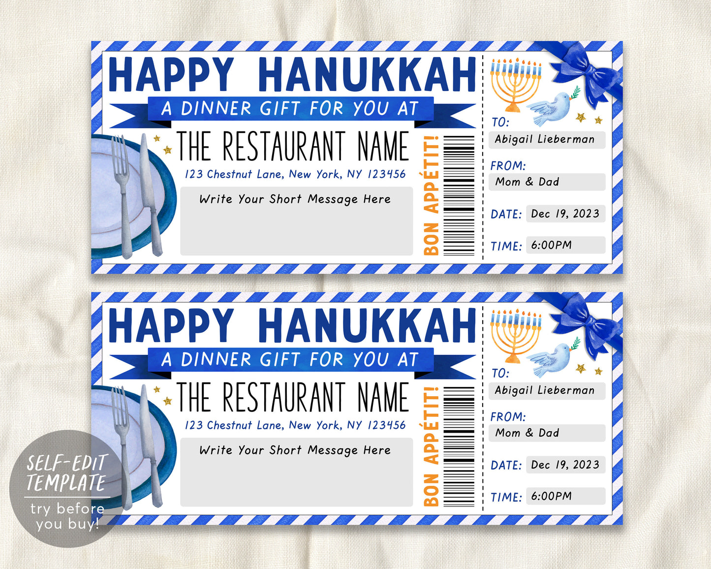 Hanukkah Restaurant Gift Voucher Editable Template
