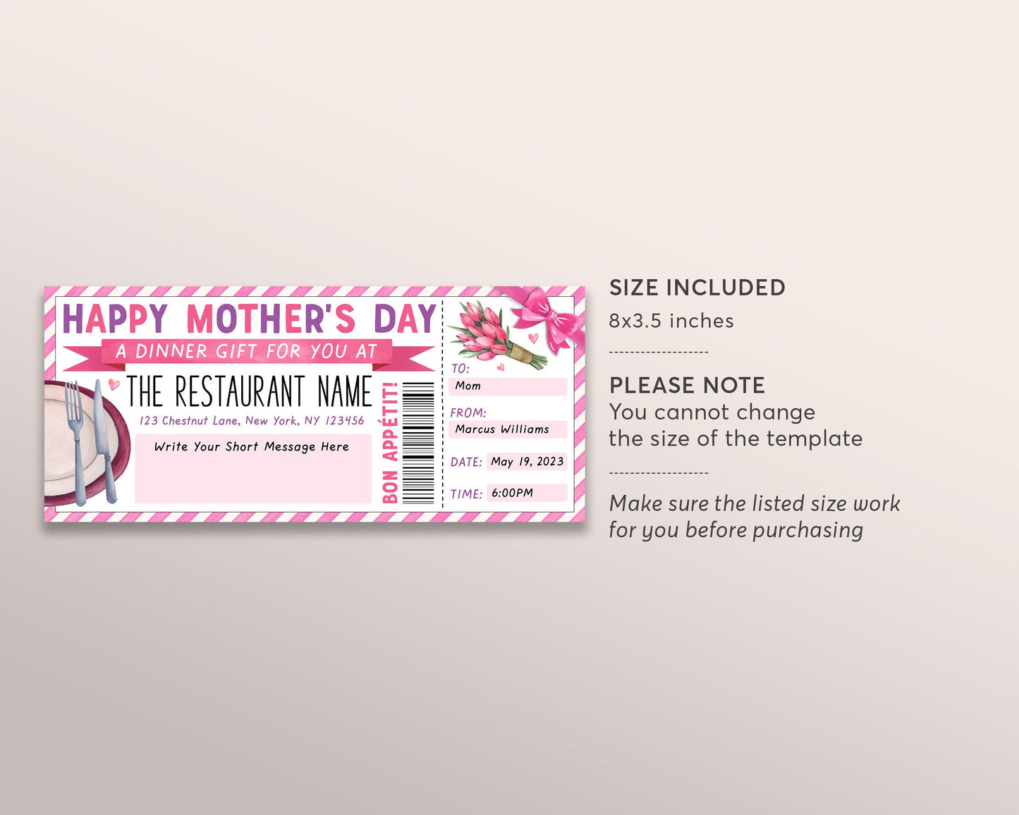 Mothers Day Restaurant Gift Voucher Editable Template, Surprise Dinner Gift Certificate Invite For Mom, Dining Night Out Coupon Reveal DIY