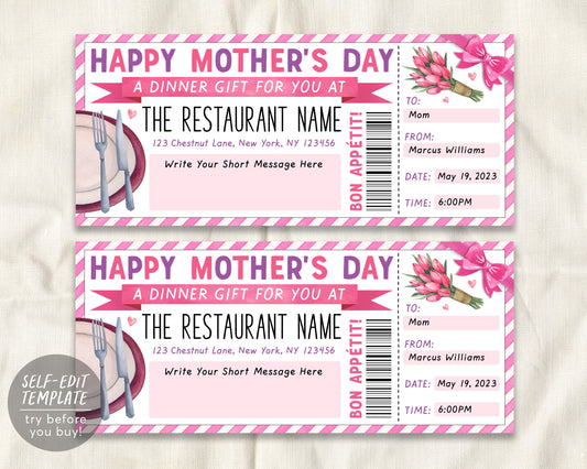 Mothers Day Restaurant Gift Voucher Editable Template