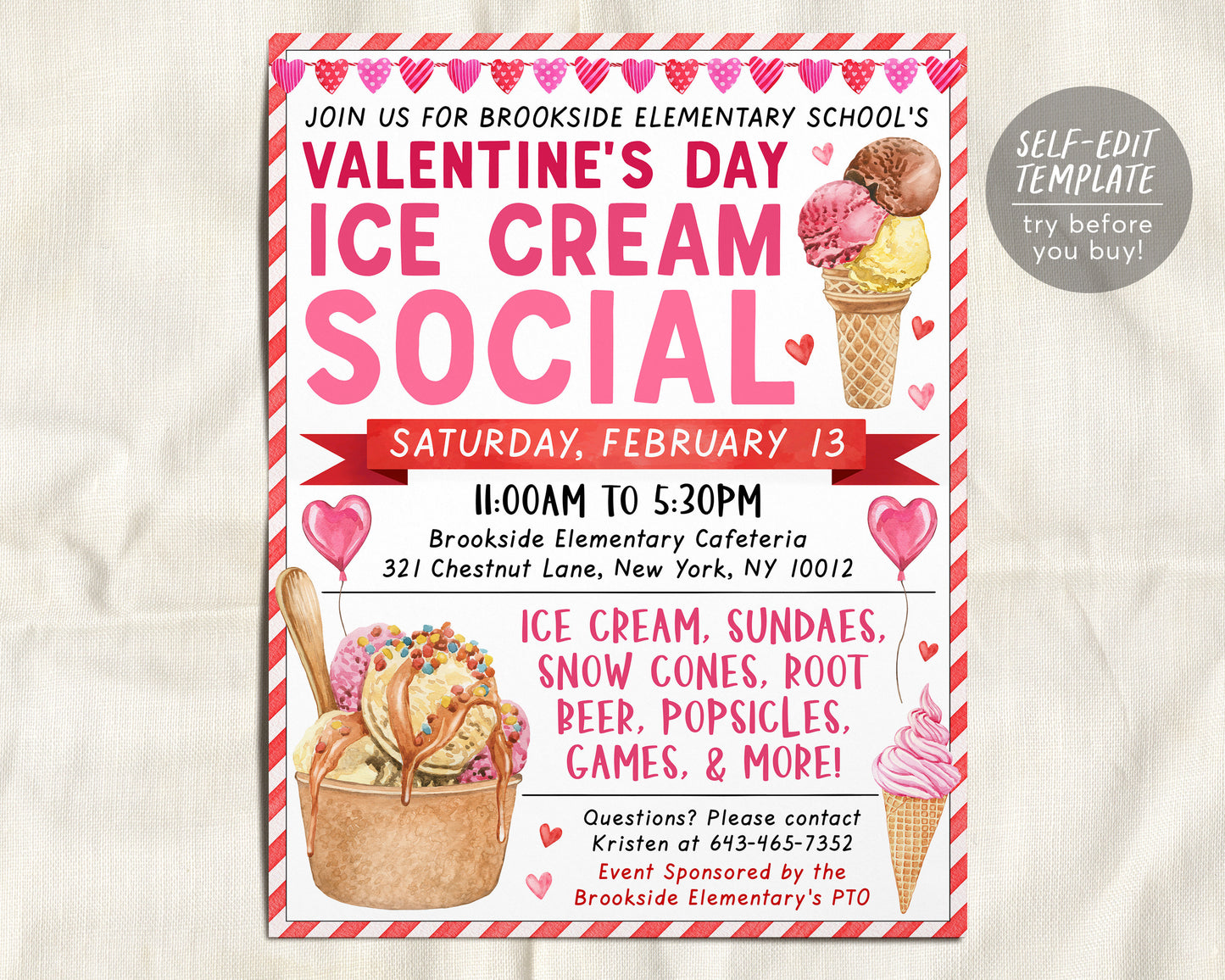 Valentine's Day Ice Cream Social Flyer Editable Template
