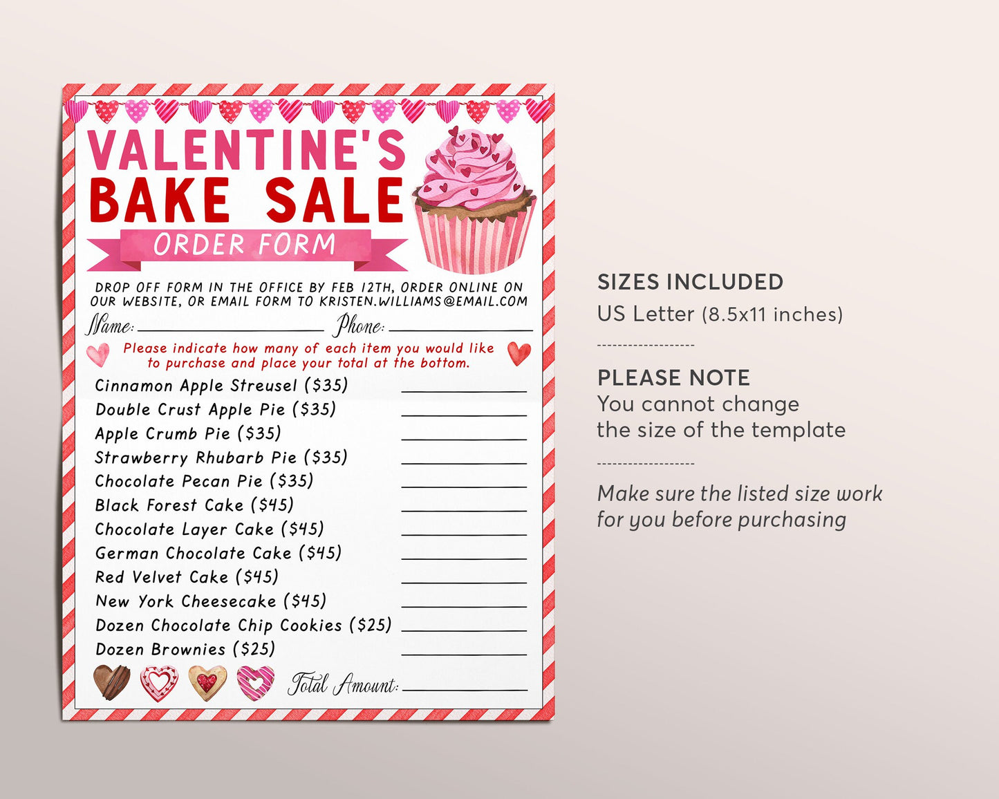 Valentines Day Bake Sale Order Form Editable Template, Valentine Fundraiser Bakery Cookie Cake Chocolate Pie Sale Order Form, School PTO PTA