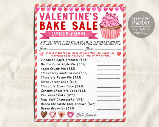 Valentines Day Bake Sale Order Form Editable Template