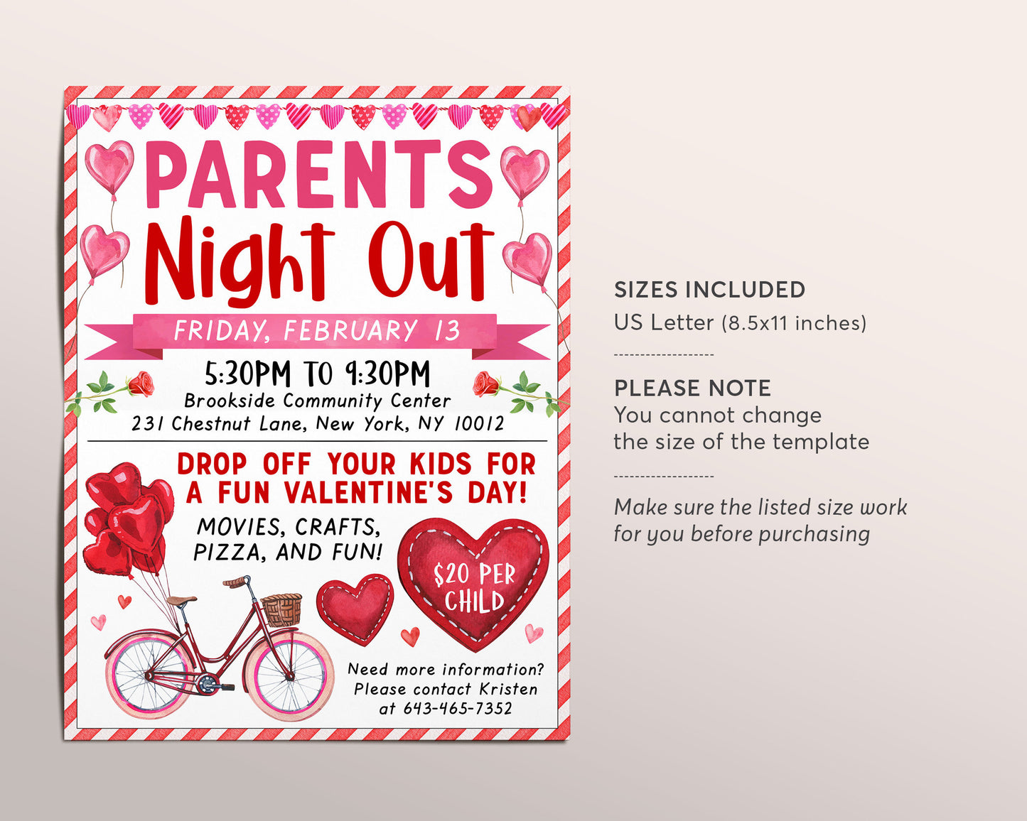 Valentine's Day Parent's Night Out Flyer Editable Template, Valentine Parents Date Night, PTA PTO School Fundraiser Event Church Community
