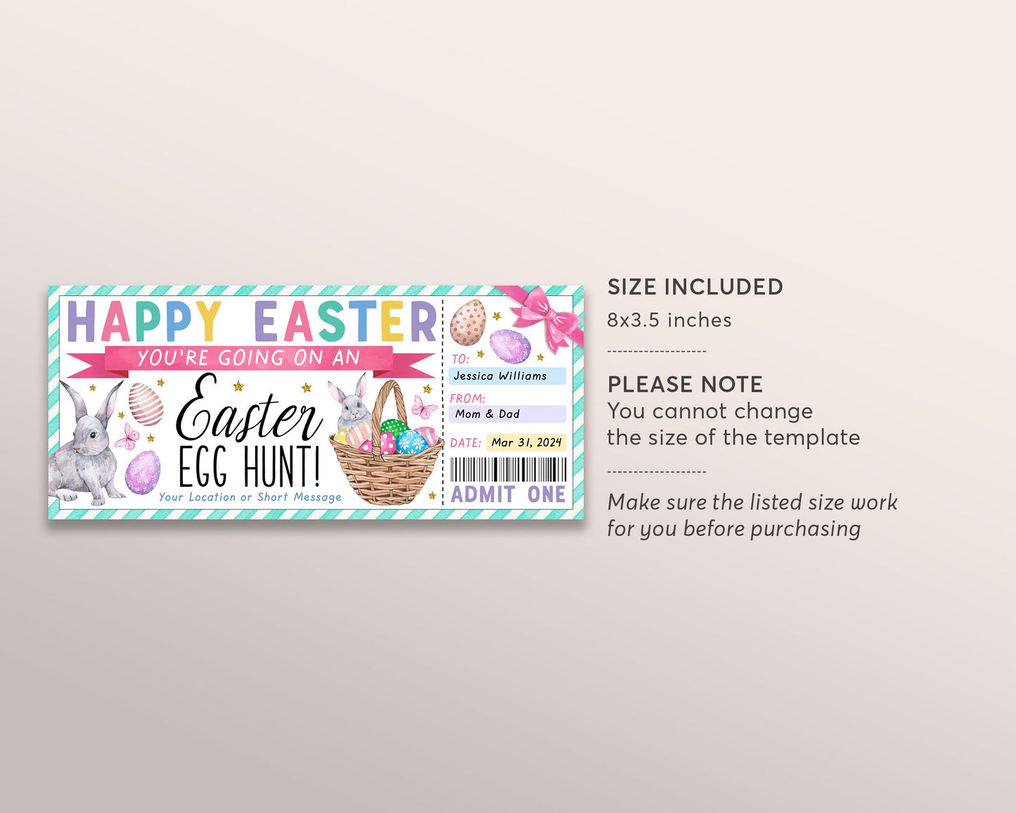 Easter Egg Hunt Ticket Editable Template, Surprise Easter Egg Hunt Gift Voucher For Kids Family Friends, Easter Party Invite Reveal Coupon