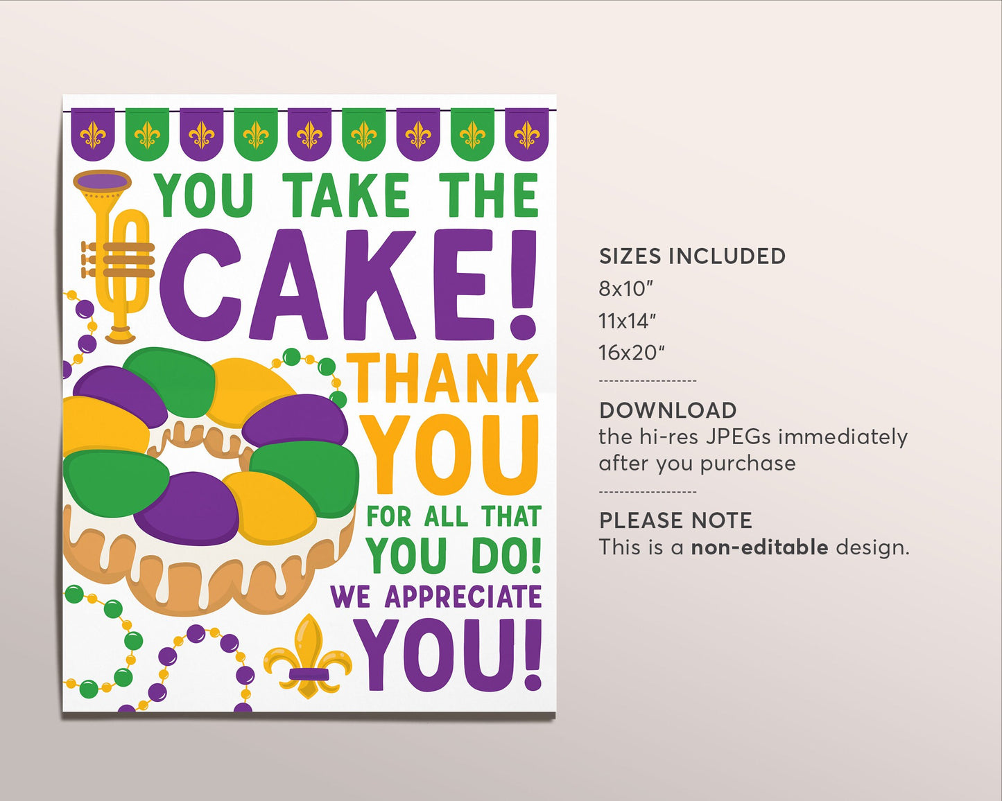 Mardi Gras Day Thank You Sign Printable, You Take The Cake Fat Tuesday Poster, Staff Employee Teacher Nurse School PTO PTA Appreciation