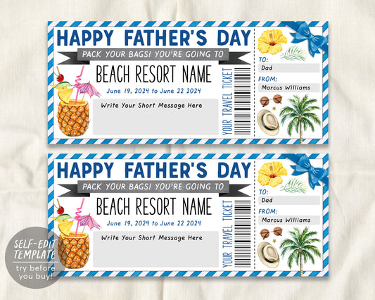 Fathers Day Beach Resort Vacation Travel Ticket Editable Template