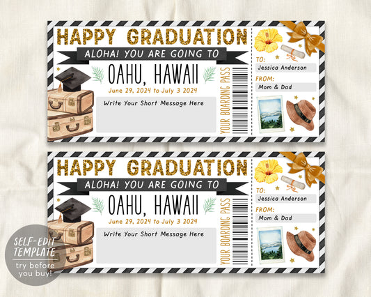 Graduation Hawaii Plane Ticket Boarding Pass Editable Template