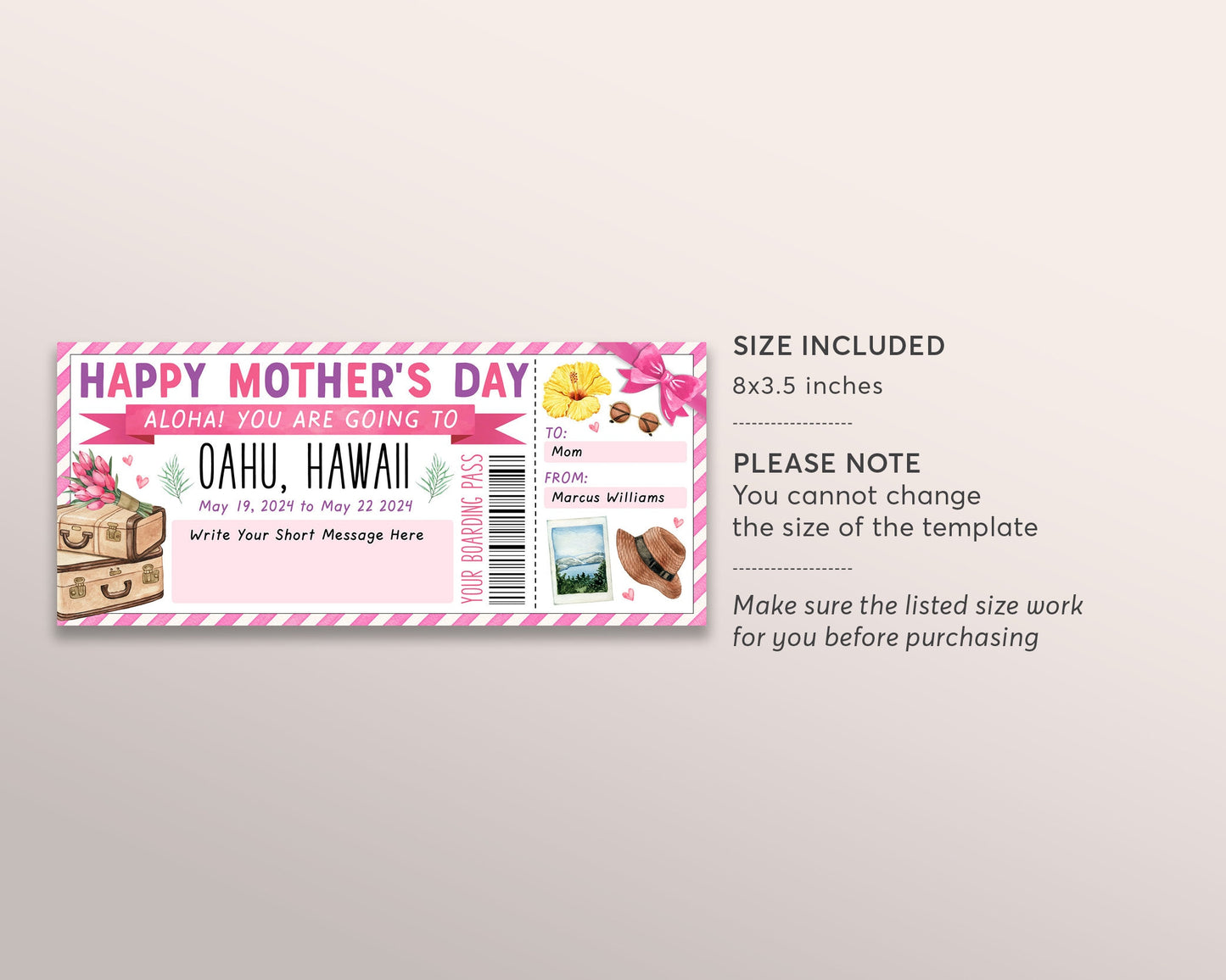 Mothers Day Hawaii Plane Ticket Boarding Pass Editable Template, Surprise Trip to Hawaii For Mom, Tropical Beach Vacation Getaway Reveal