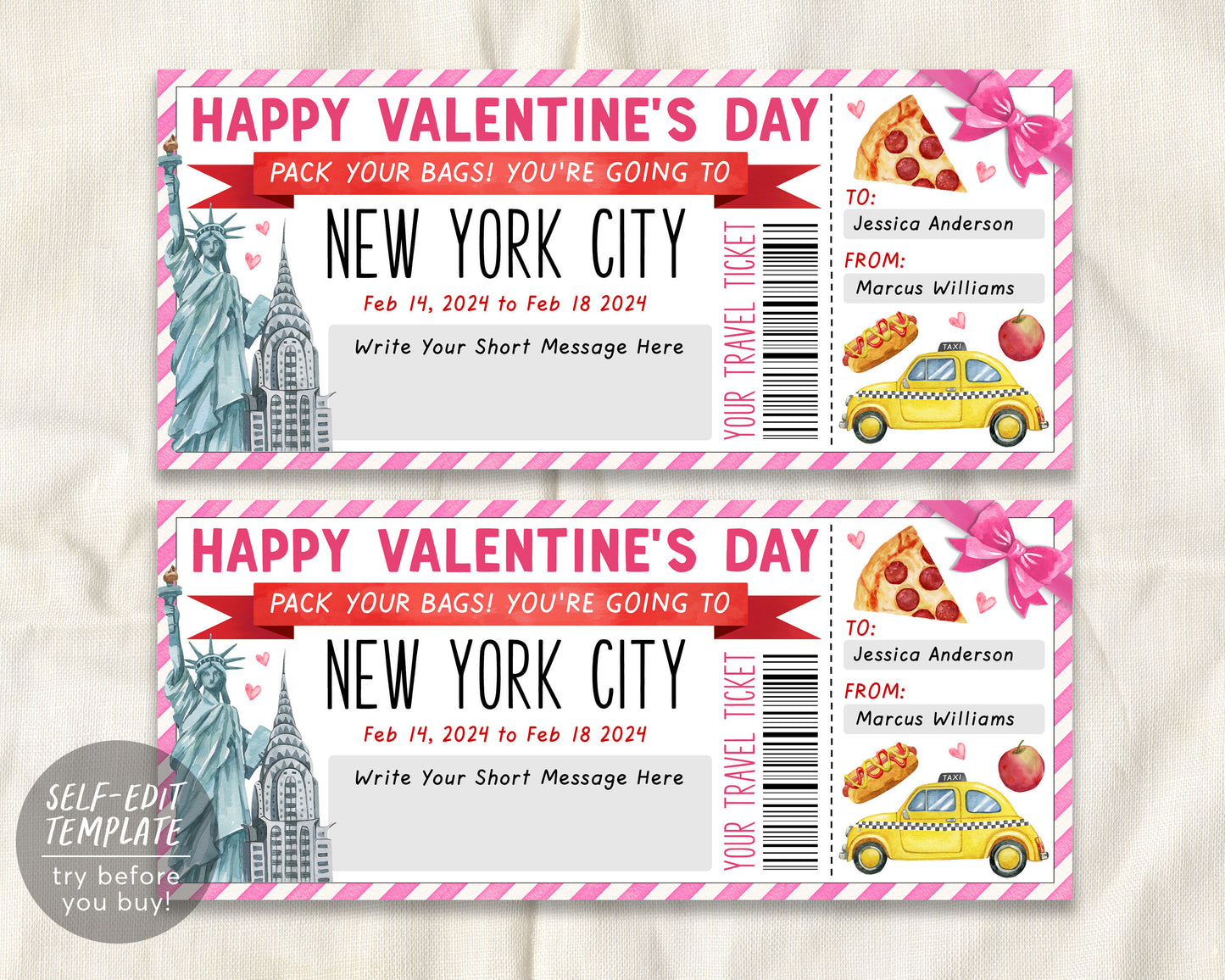 Valentines Day New York City Trip Ticket Editable Template