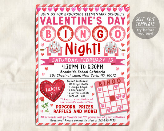 Valentine&#39;s Day Bingo Night Fundraiser Flyer Editable Template