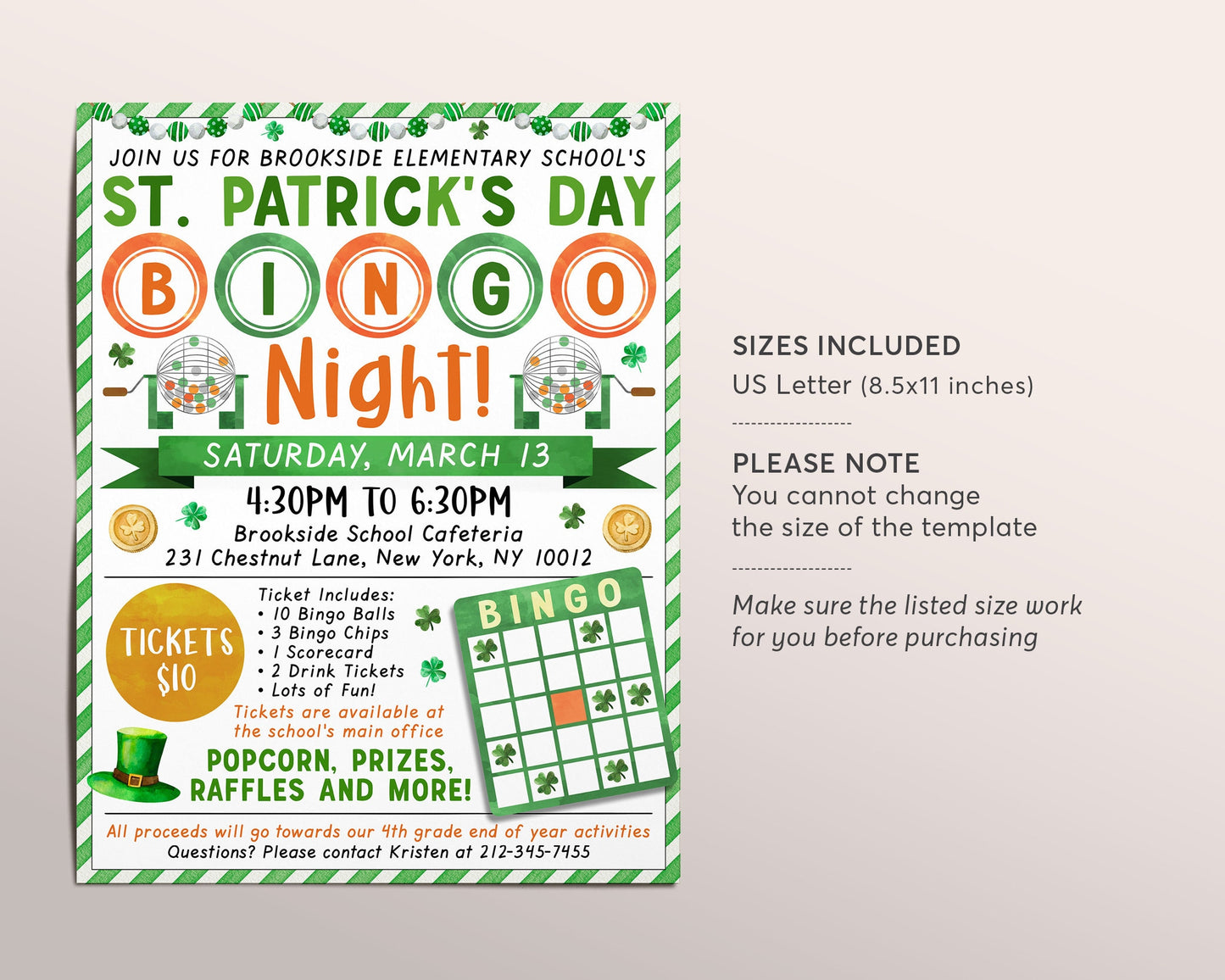 St Patrick's Day Bingo Night Fundraiser Flyer Editable Template, Saint Pattys Day Bingo Flyer Game Night Event Invite PTA PTO School Family