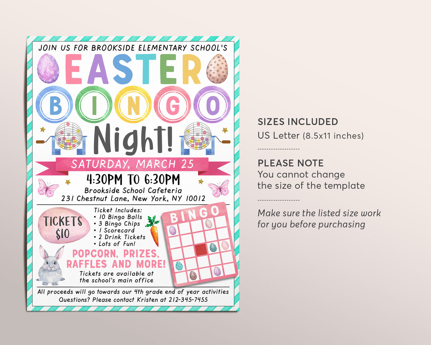 Easter Bingo Night Fundraiser Flyer Editable Template, Spring Bingo Flyer Game Night Event Invite, PTA PTO School Classroom Family Library