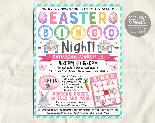 Easter Bingo Night Fundraiser Flyer Editable Template