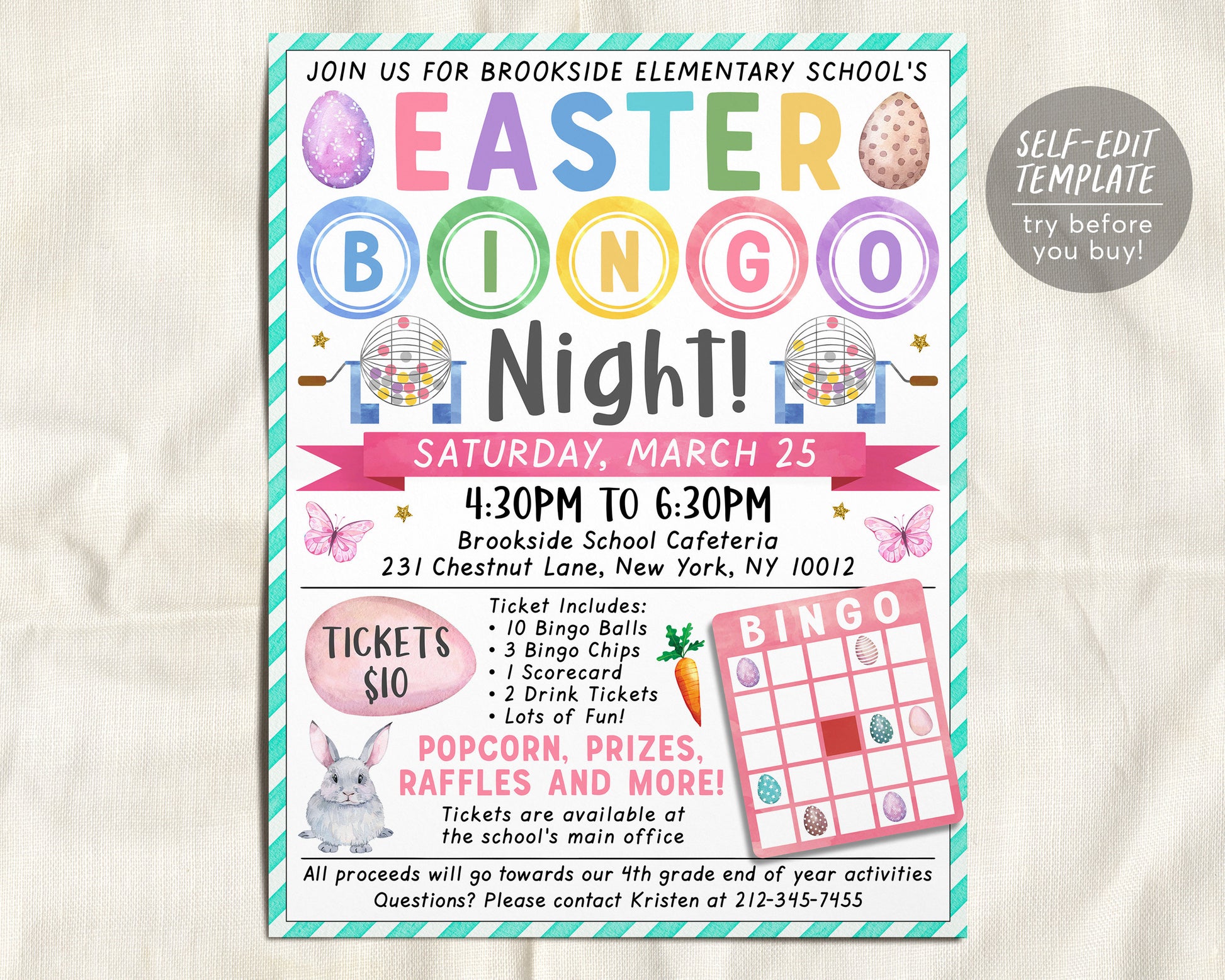 Easter Bingo Night Fundraiser Flyer Editable Template